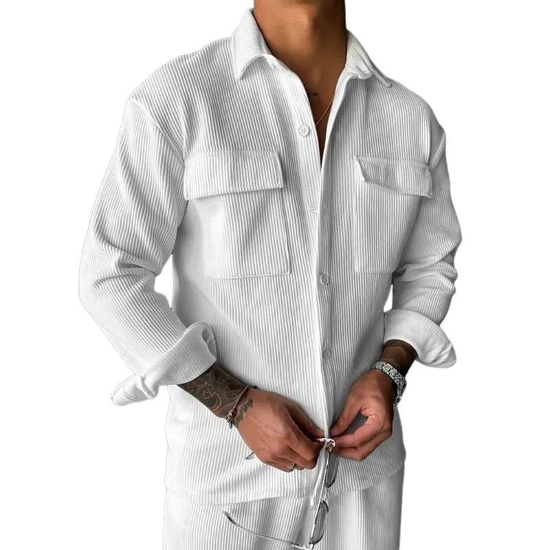 Men's Casual Retro Solid Color Striped Long Sleeve Shirt 33308885TO sold by Manly