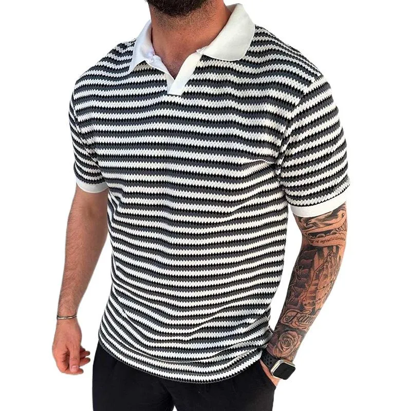 Men's Casual Color Striped Slim Fit Lapel Knit Short Sleeve Polo Shirt 41819437M sold by Manly