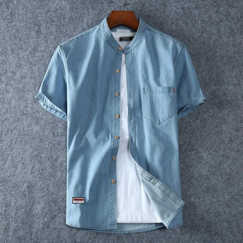 Men's Casual Cotton Stand Collar Short Sleeve Denim Shirt 58846613M sold by Manly product image thumbnail 2