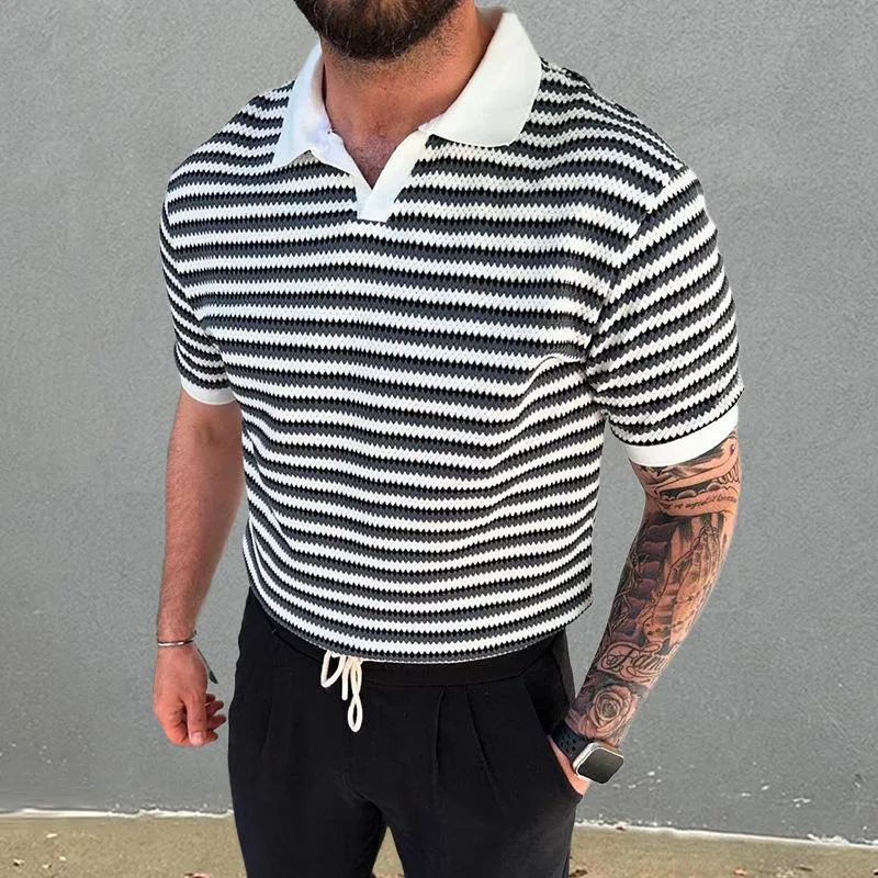 Men's Casual Color Striped Slim Fit Lapel Knit Short Sleeve Polo Shirt 41819437M sold by Manly product image thumbnail 3