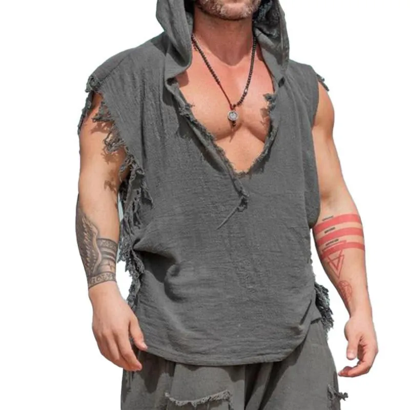 Men's Casual Solid Color Cotton And Linen V-Neck Hooded Tank Top 93116982Y sold by Manly