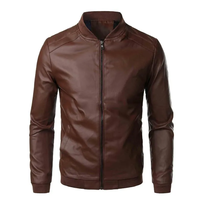 Men's Casual Baseball Collar Motorcycle Slim Fit Leather Jacket 28573682M sold by Manly