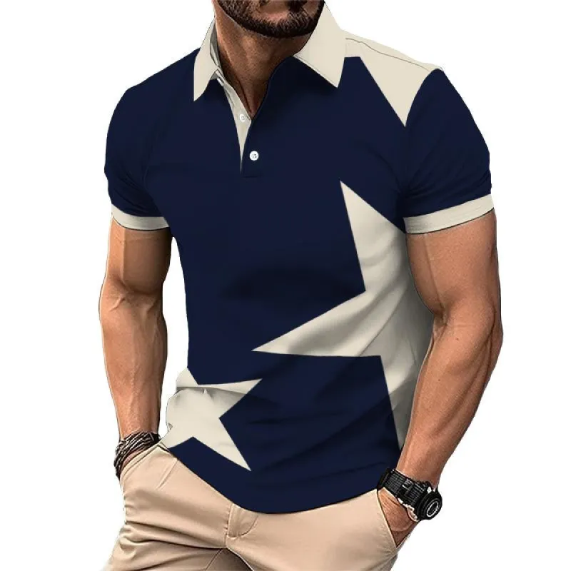 Men's Casual Five-pointed Star Color-blocked Short-sleeved Polo Shirt 90005370TO sold by Manly