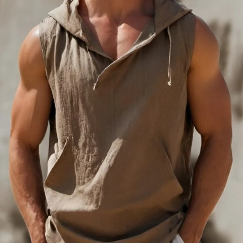 Men's Casual Solid Color Cotton Blend Kangaroo Pocket Sleeveless Hoodie 46028219M sold by Manly product image thumbnail 3
