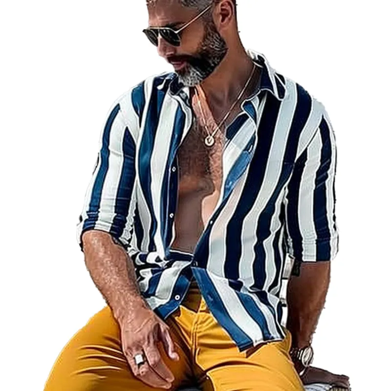 Men's Striped Lapel Long Sleeve Shirt 76145684X sold by Manly