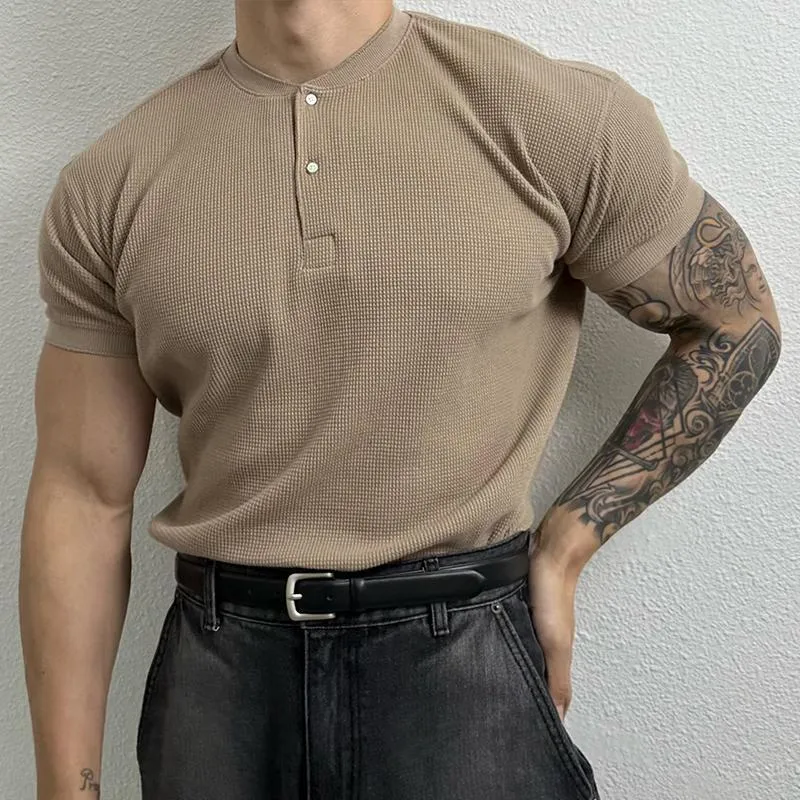 Men's Casual Solid Color Henley Collar Waffle Loose Short Sleeve T-Shirt 57449329M sold by Manly product image thumbnail 3