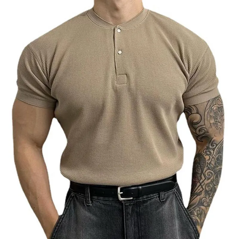 Men's Casual Solid Color Henley Collar Waffle Loose Short Sleeve T-Shirt 57449329M sold by Manly product image thumbnail 2