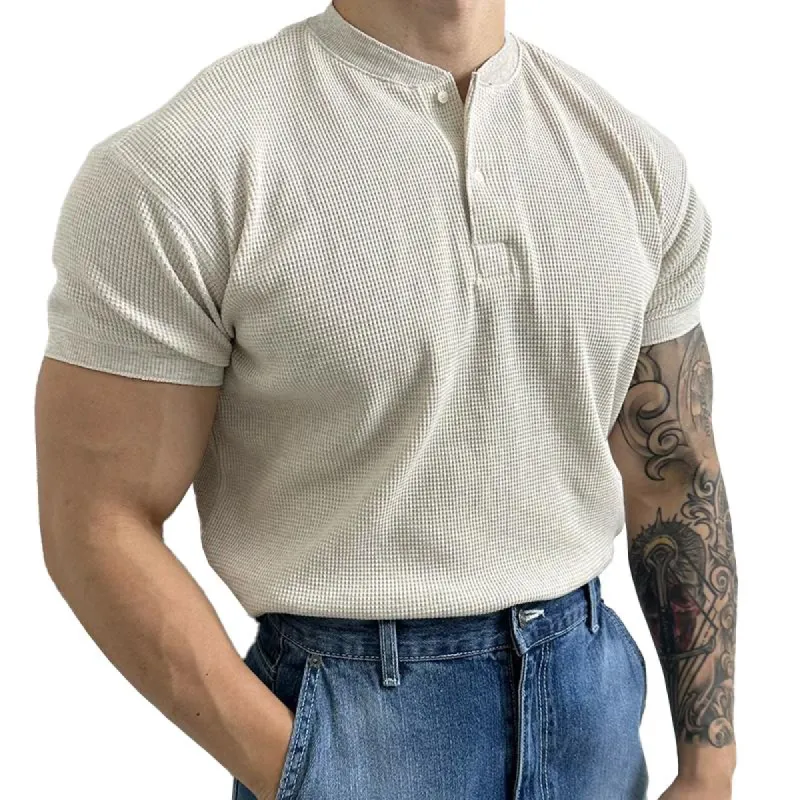 Men's Casual Solid Color Henley Collar Waffle Loose Short Sleeve T-Shirt 57449329M sold by Manly