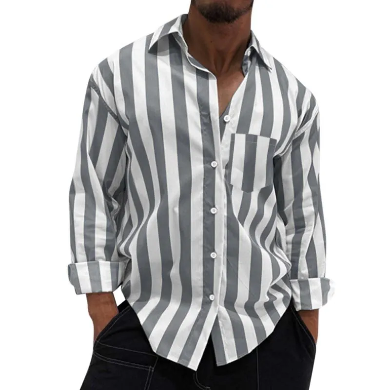 Men's Casual Striped Lapel Patch Pocket Loose Long Sleeve Shirt 94652300M sold by Manly