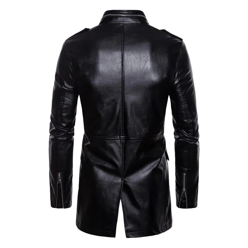 Men's Vintage Stand-Collar Four-Pocket Mid-Length Leather Jacket 33822867Y sold by Manly product image thumbnail 4
