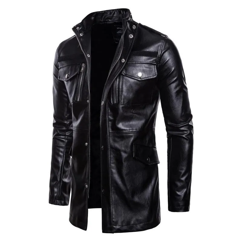 Men's Vintage Stand-Collar Four-Pocket Mid-Length Leather Jacket 33822867Y sold by Manly product image thumbnail 3