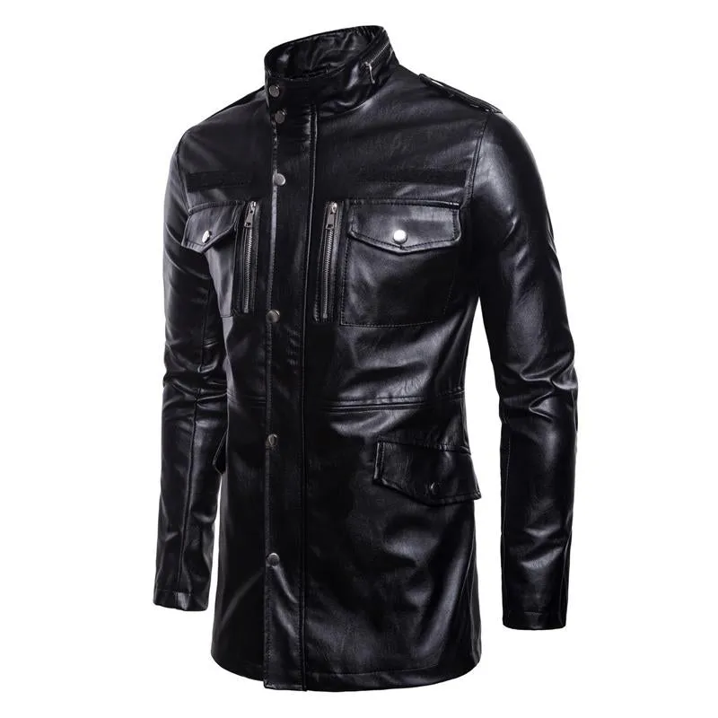 Men's Vintage Stand-Collar Four-Pocket Mid-Length Leather Jacket 33822867Y sold by Manly