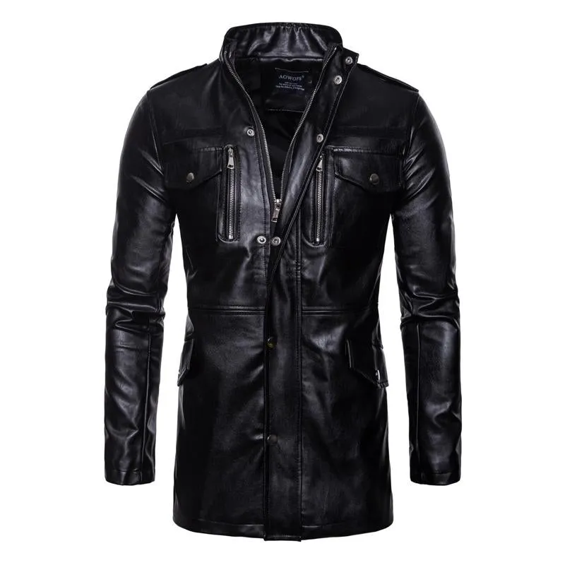 Men's Vintage Stand-Collar Four-Pocket Mid-Length Leather Jacket 33822867Y sold by Manly product image thumbnail 2