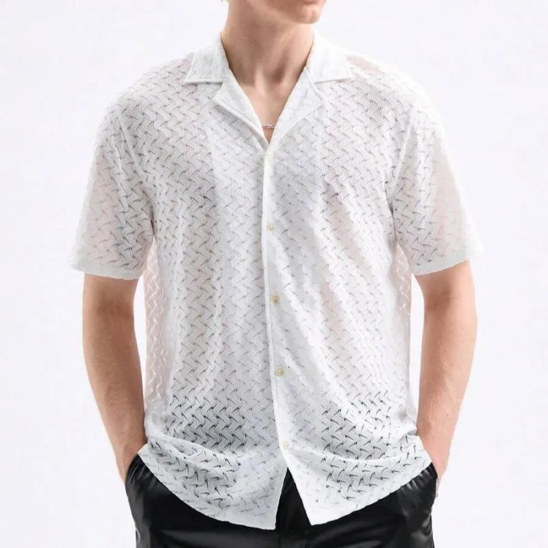 Men's Fashion Hollow Out Solid Color Lapel Short Sleeve Casual Shirt 70085181Z sold by Manly product image thumbnail 2