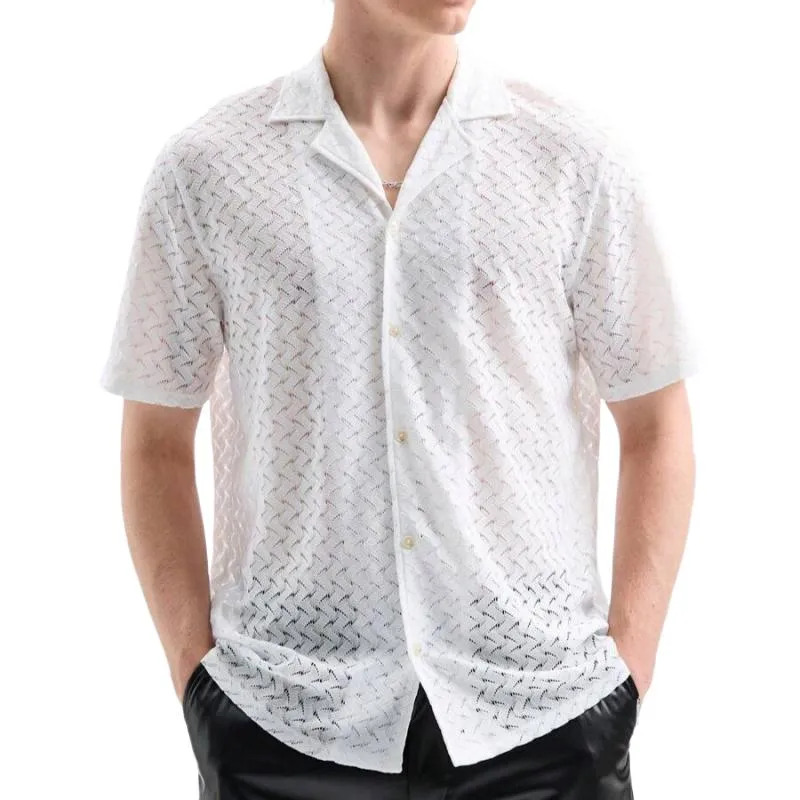 Men's Fashion Hollow Out Solid Color Lapel Short Sleeve Casual Shirt 70085181Z sold by Manly