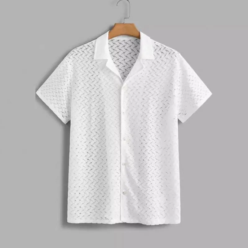 Men's Fashion Hollow Out Solid Color Lapel Short Sleeve Casual Shirt 70085181Z sold by Manly product image thumbnail 5