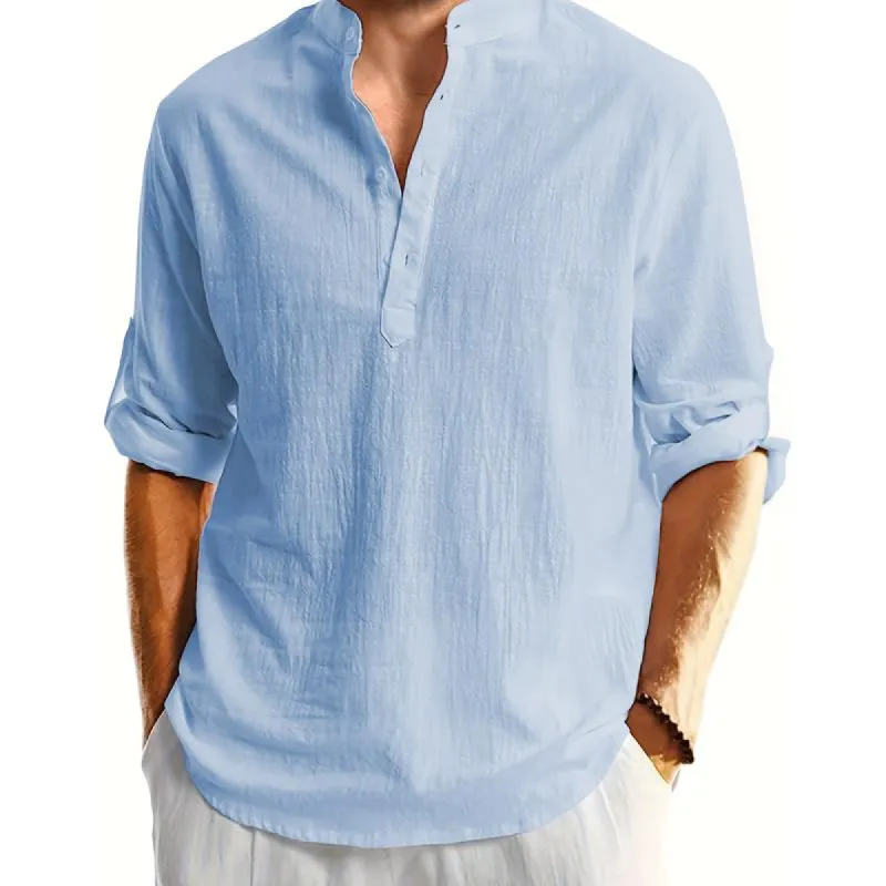Men's Solid Linen Long Sleeve Loose Henley Shirt 50405460X sold by Manly