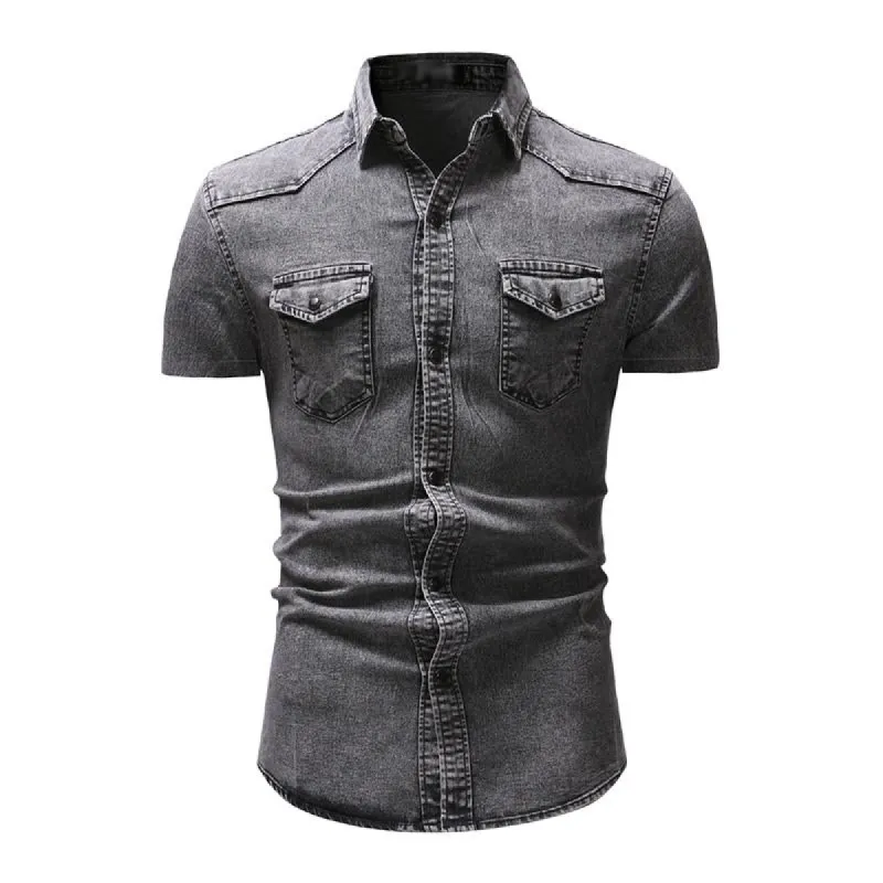 Men's Retro Lapel Distressed Denim Short Sleeved Shirt 64113192M sold by Manly