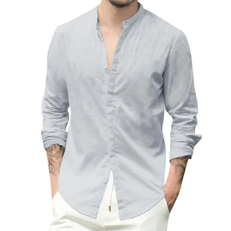 Men's Casual Stand Collar Cotton Linen Long Sleeve Shirt 82773506M sold by Manly