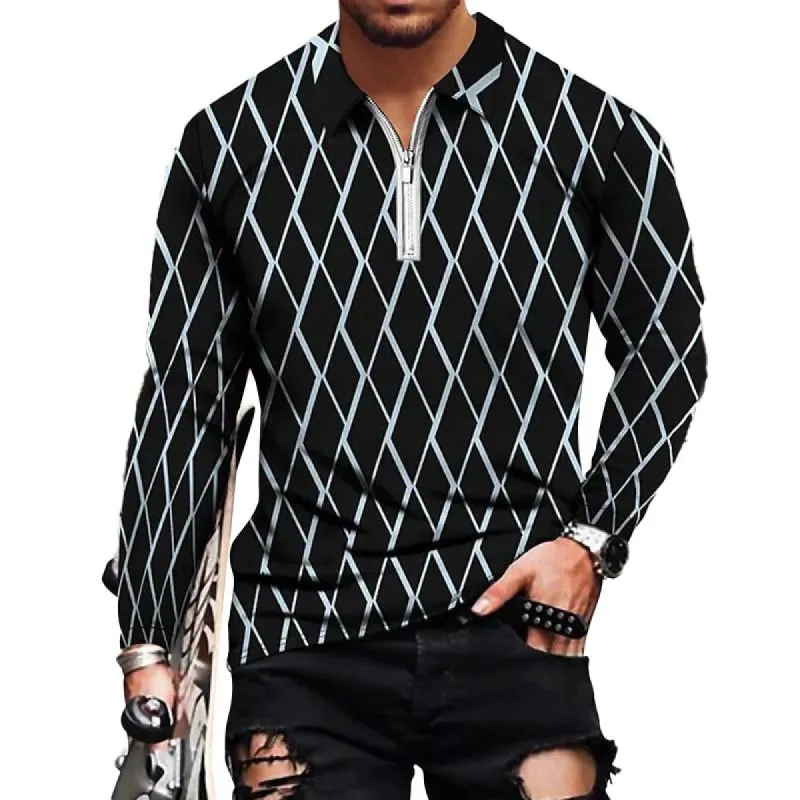 Men's Casual Diamond Print Zipper Long Sleeve POLO Shirt 76403017Y sold by Manly