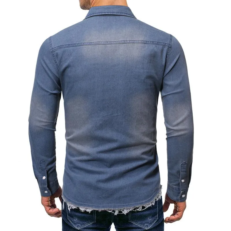 Men's Fashion Ripped Hem Tassel Long Sleeve Denim Shirt 12747838M sold by Manly product image thumbnail 3