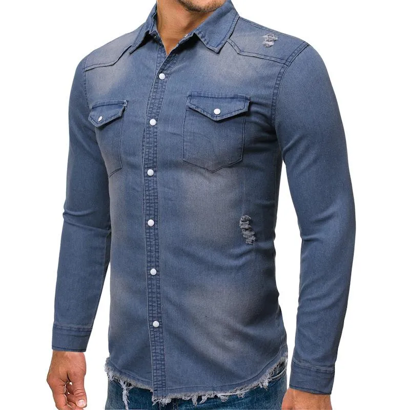 Men's Fashion Ripped Hem Tassel Long Sleeve Denim Shirt 12747838M sold by Manly
