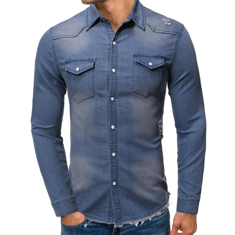 Men's Fashion Ripped Hem Tassel Long Sleeve Denim Shirt 12747838M sold by Manly product image thumbnail 2