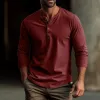 Men's Casual Solid Color Round Neck Slim Long Sleeve Henley T-Shirt 07154707M sold by Manly