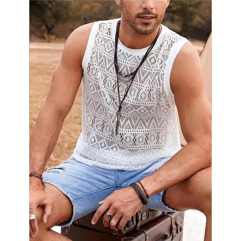 Men's Casual Solid Color Lace Hollowed Out Vacation Tank Top 58943331Y sold by Manly product image thumbnail 4