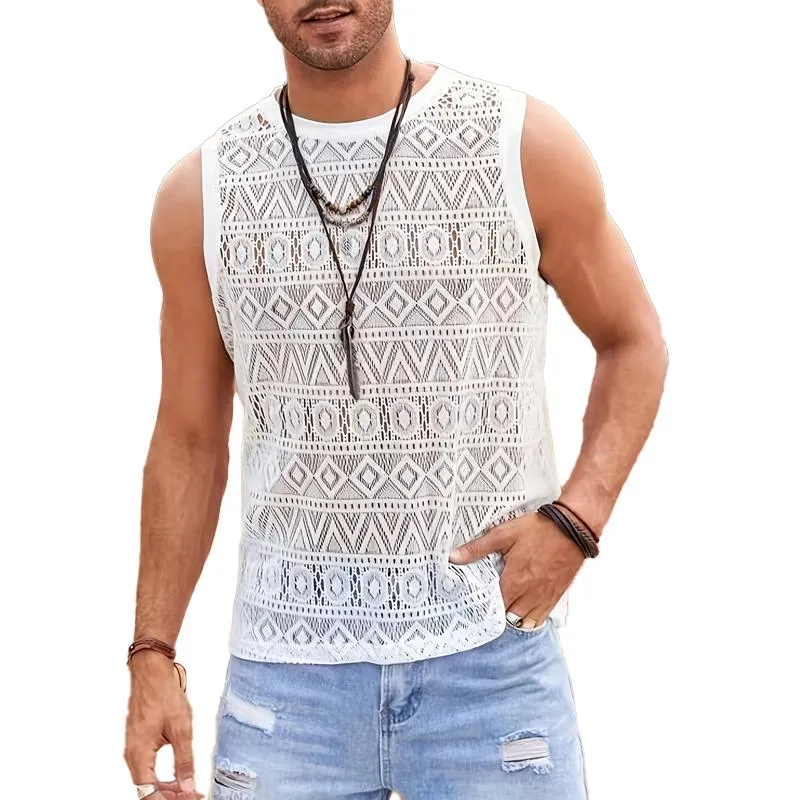 Men's Casual Solid Color Lace Hollowed Out Vacation Tank Top 58943331Y sold by Manly