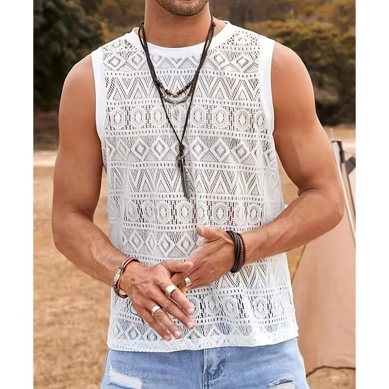 Men's Casual Solid Color Lace Hollowed Out Vacation Tank Top 58943331Y sold by Manly product image thumbnail 2