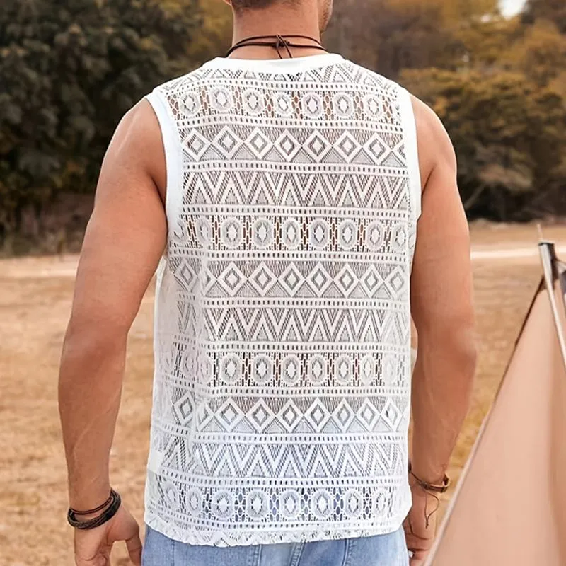 Men's Casual Solid Color Lace Hollowed Out Vacation Tank Top 58943331Y sold by Manly product image thumbnail 3