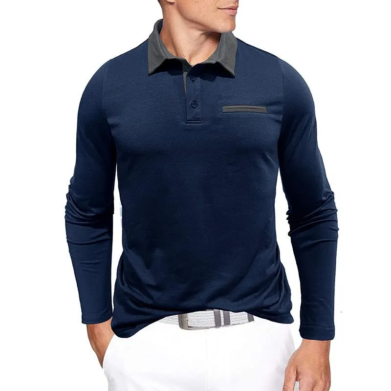 Men's Colorblock Lapel Long Sleeve Polo Shirt 09162755Y sold by Manly