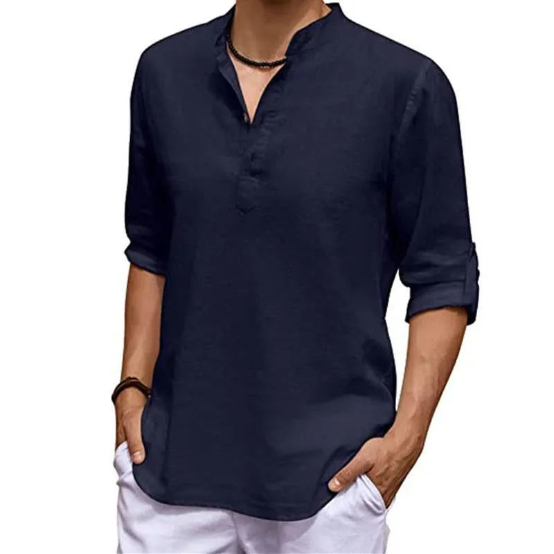 Men's Casual Cotton Linen Stand Collar Loose Long Sleeve Shirt 86402110M sold by Manly