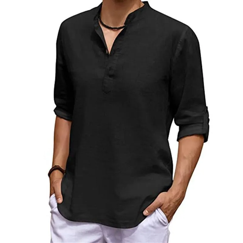 Men's Casual Cotton Linen Stand Collar Loose Long Sleeve Shirt 86402110M sold by Manly product image thumbnail 3