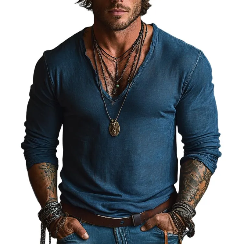 Men's Solid Color V Neck Long Sleeve Cargo T-shirt 77655628Z sold by Manly