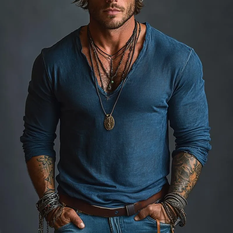 Men's Solid Color V Neck Long Sleeve Cargo T-shirt 77655628Z sold by Manly product image thumbnail 2