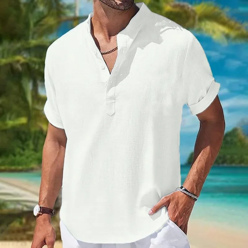 Men's Solid Color Cotton And Linen Henley Collar Short Sleeve Shirt 26206732Z sold by Manly product image thumbnail 4