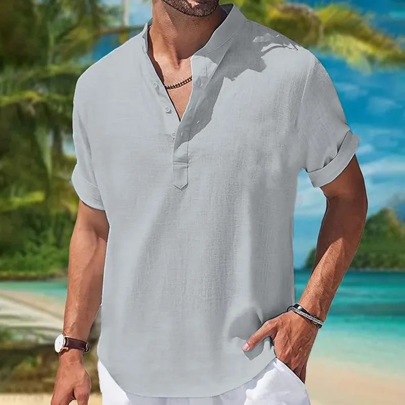 Men's Solid Color Cotton And Linen Henley Collar Short Sleeve Shirt 26206732Z sold by Manly product image thumbnail 5
