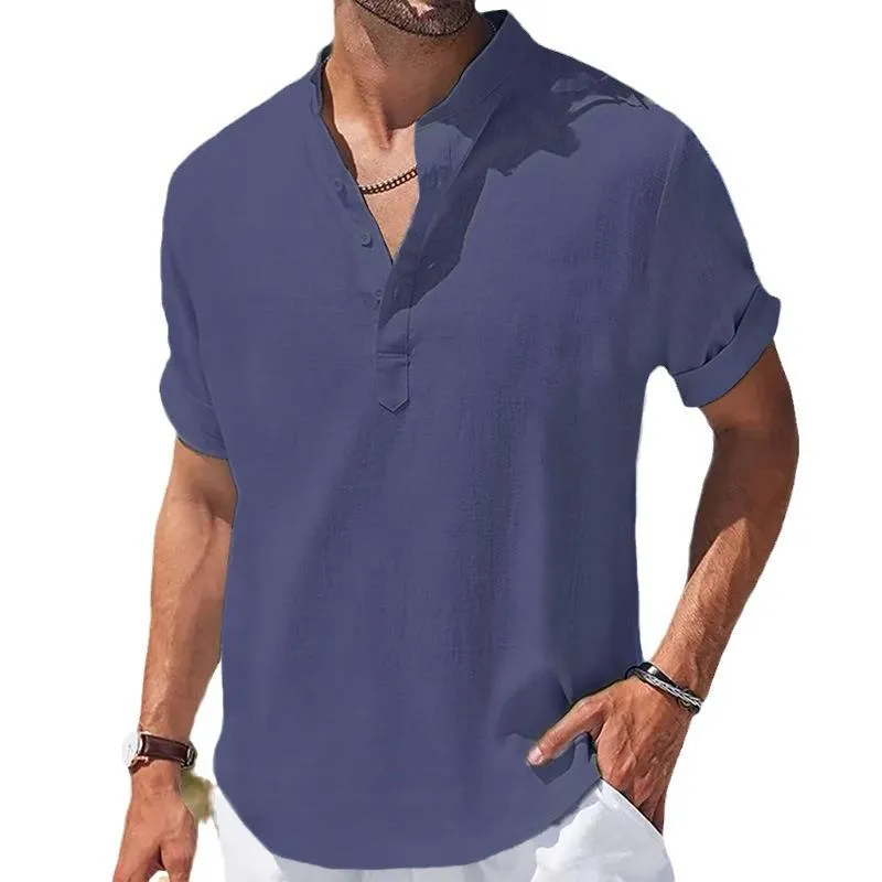 Men's Solid Color Cotton And Linen Henley Collar Short Sleeve Shirt 26206732Z sold by Manly