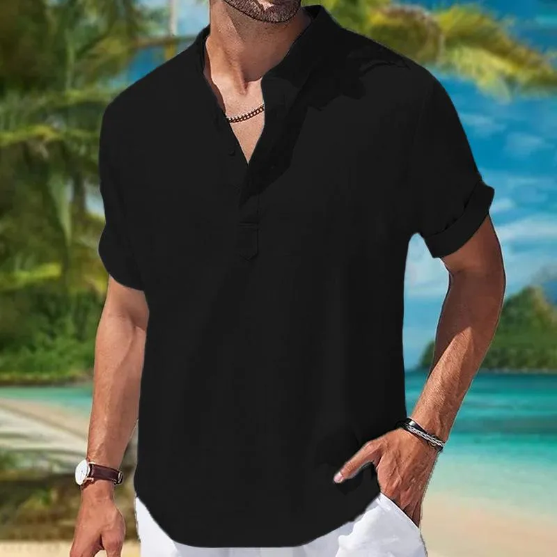 Men's Solid Color Cotton And Linen Henley Collar Short Sleeve Shirt 26206732Z sold by Manly product image thumbnail 3