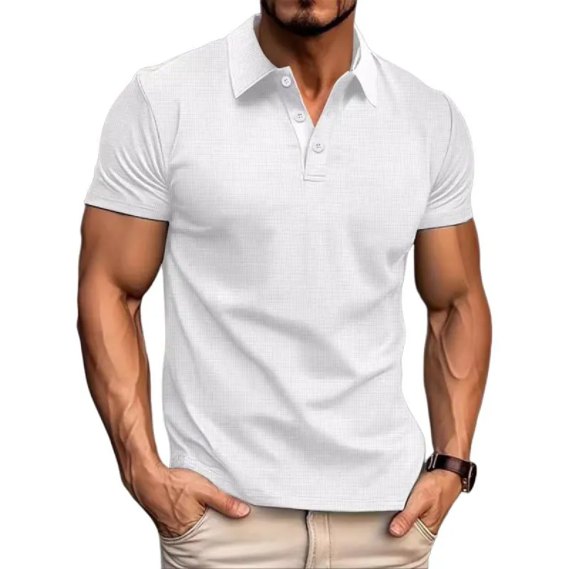 Men's Casual Waffle Lapel Button-Down Short Sleeve Polo Shirt 21824374M sold by Manly