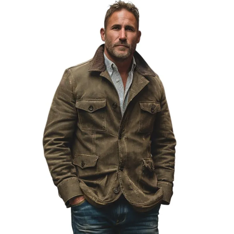 Men's Vintage Washed Lapel Single Breasted Multi-Pocket Work Jacket 16727398M sold by Manly