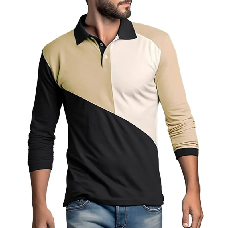 Men's Color Block Lapel Long Sleeve Casual Polo Shirt 46370091Z sold by Manly