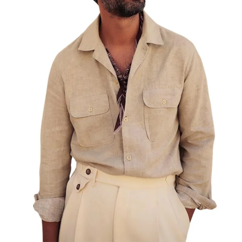 Men's Casual Vintage Cotton and Linen Pocket Long Sleeve Shirt 23568809TO sold by Manly