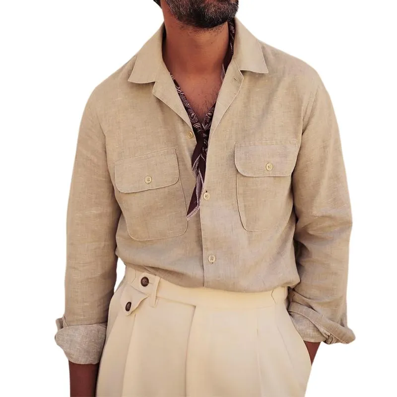 Men's Casual Vintage Cotton and Linen Pocket Long Sleeve Shirt 23568809TO sold by Manly