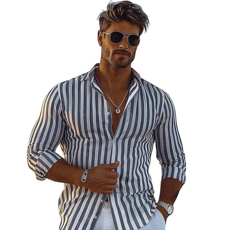 Men's Resort Striped Printed Cotton and Linen Long-sleeved Shirt 55370935X sold by Manly product image thumbnail 3