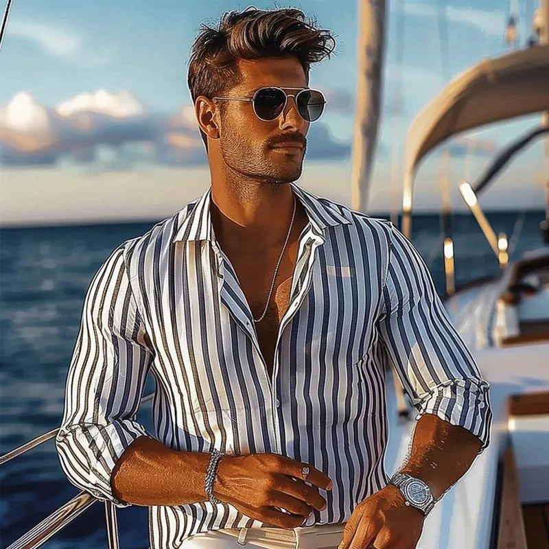 Men's Resort Striped Printed Cotton and Linen Long-sleeved Shirt 55370935X sold by Manly product image thumbnail 5