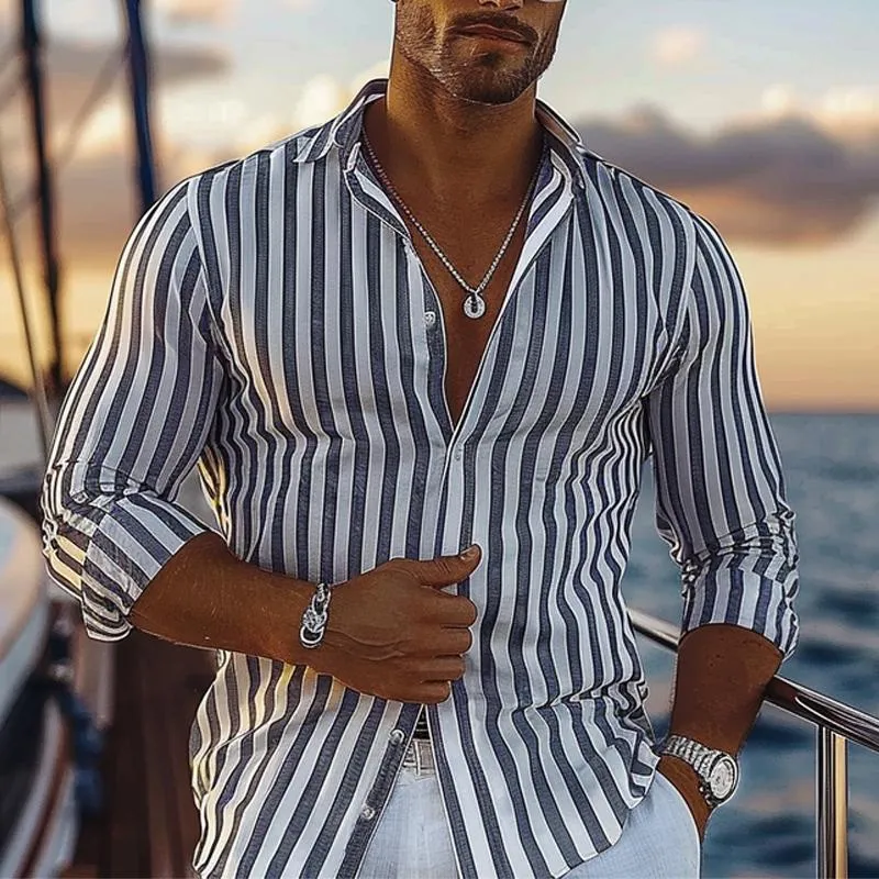 Men's Resort Striped Printed Cotton and Linen Long-sleeved Shirt 55370935X sold by Manly product image thumbnail 2