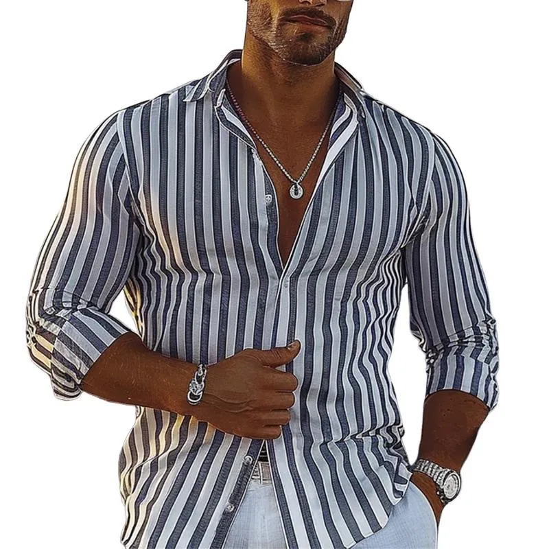 Men's Resort Striped Printed Cotton and Linen Long-sleeved Shirt 55370935X sold by Manly